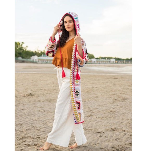 🎉 HP 🤍 Granny Crochet Hooded Tassle Boho Kimono NWT - Picture 10 of 12